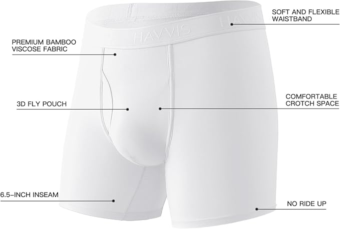 Men’s Bamboo Boxer Briefs Long Leg 6 Pairs - White